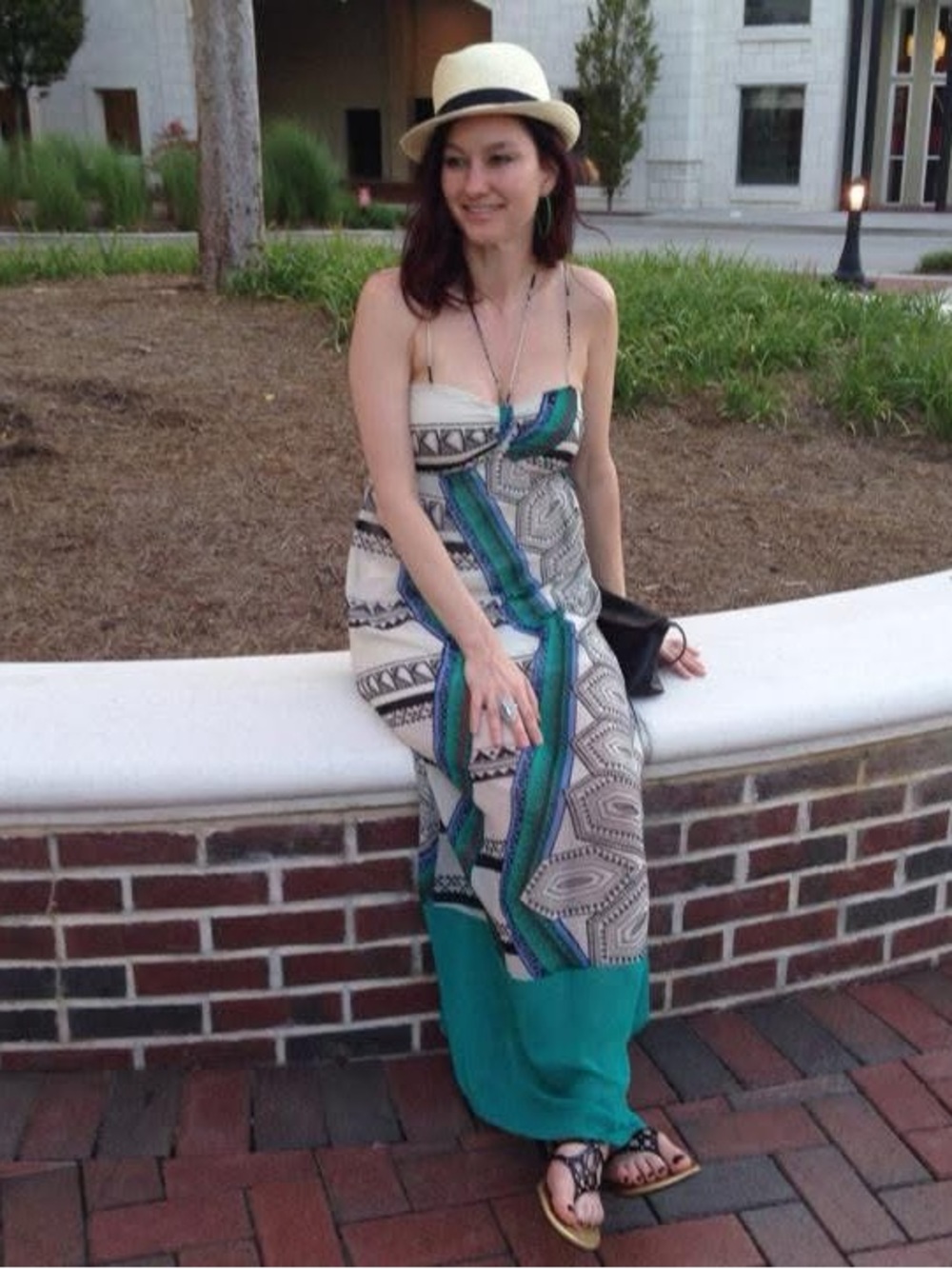 Tie-Shoulder Maxi Dress in Teal and White